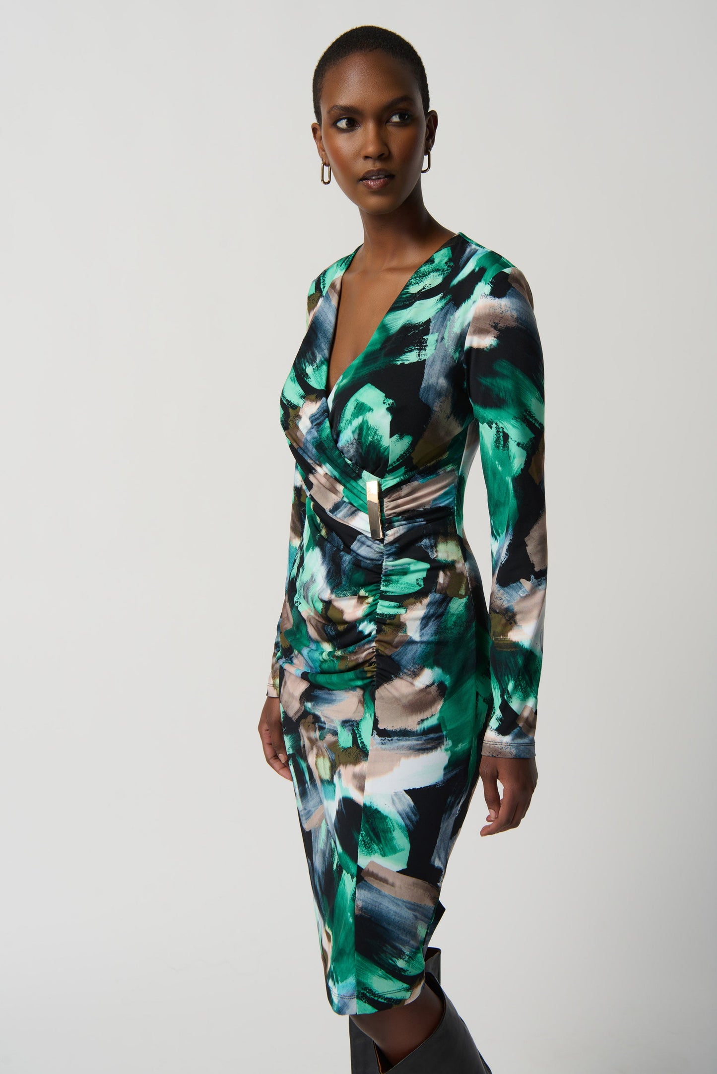 Abstract Print Silky Knit Wrap Dress With Ornament