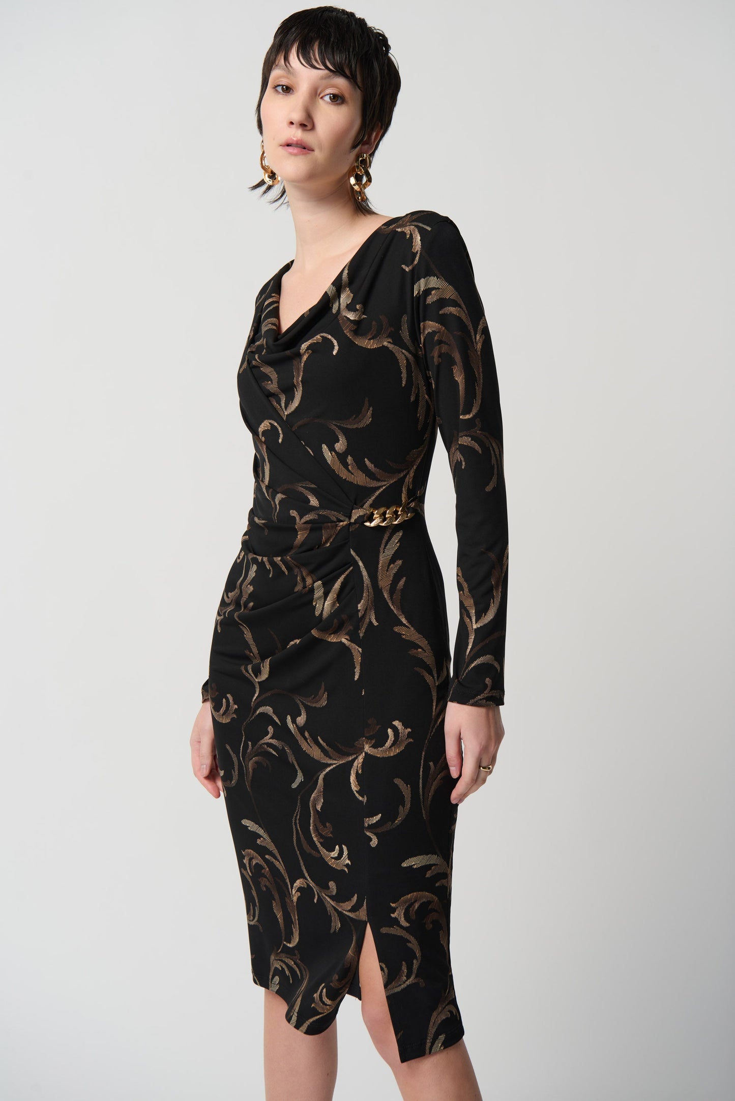 Baroque Folied Silky Knit Sheath Dress With Ornament