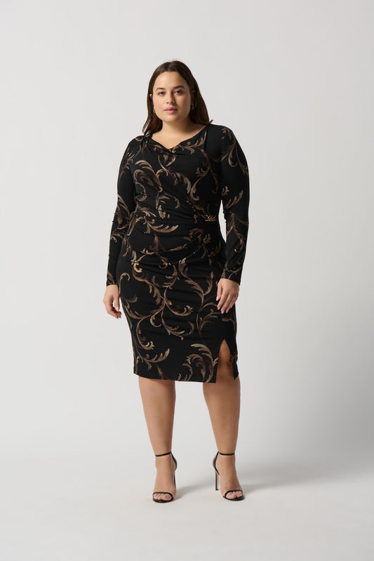 Baroque Folied Silky Knit Sheath Dress With Ornament