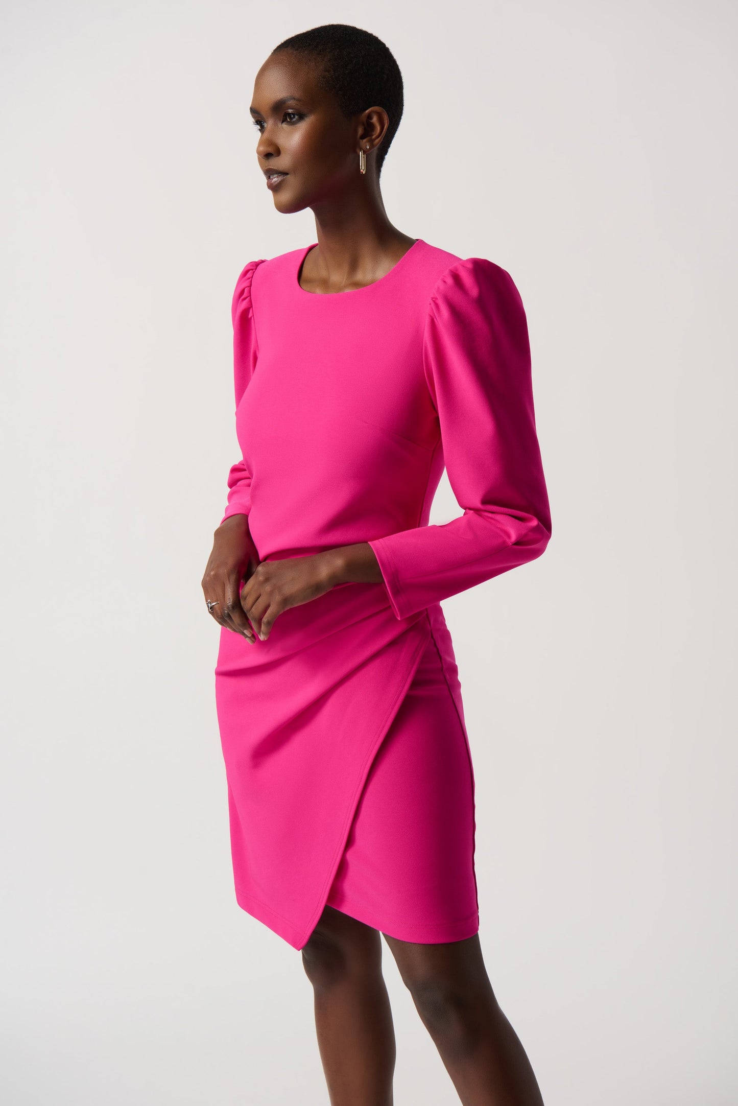 Stretch Twill Sheath Dress With Puff Sleeves