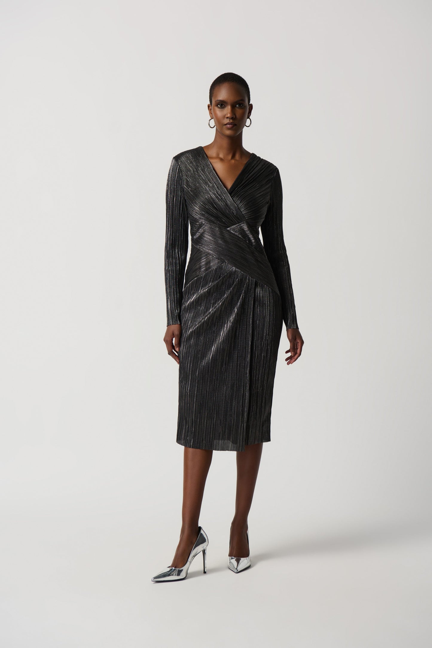 Metallic Crinkle Faux Wrap Dress