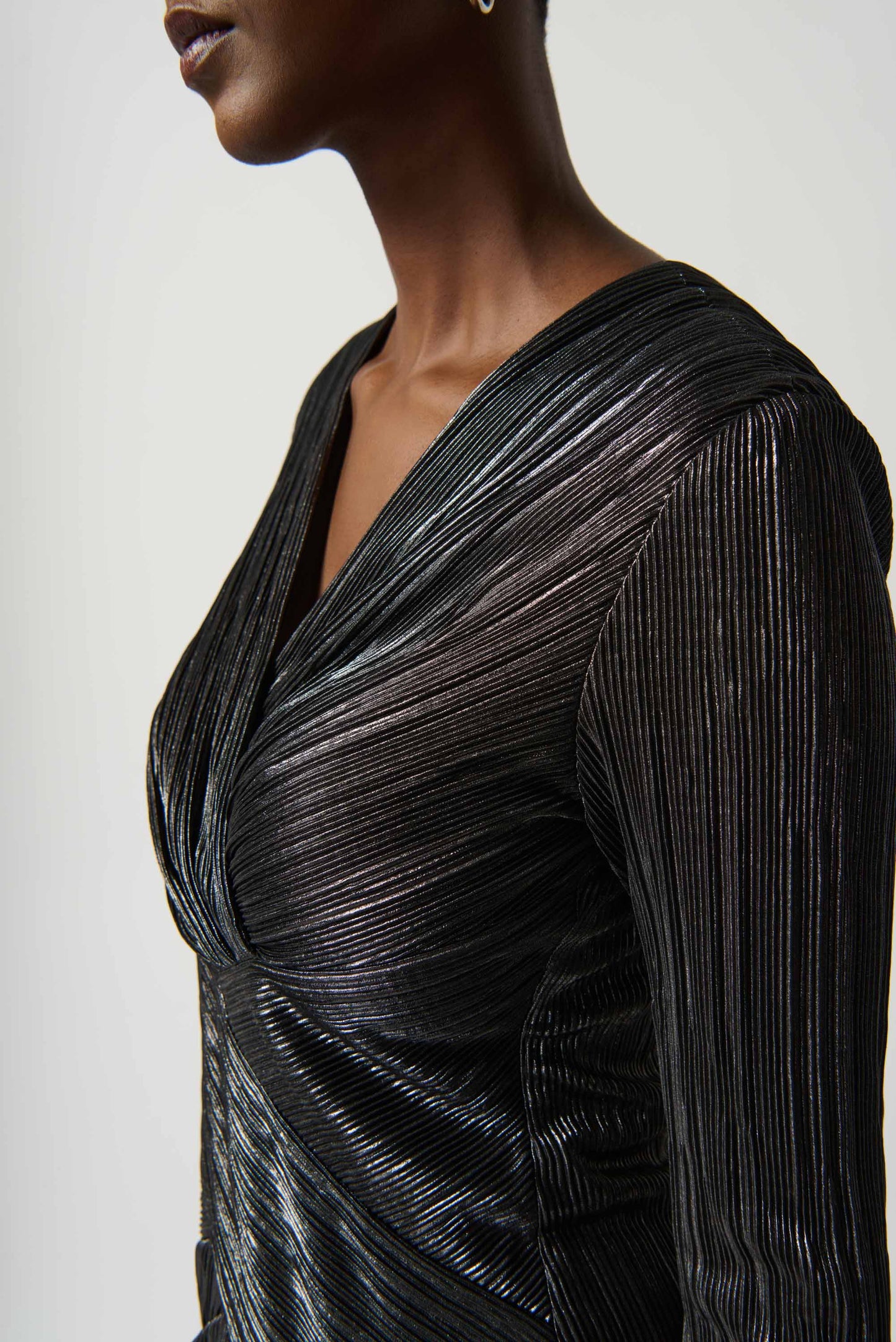 Metallic Crinkle Faux Wrap Dress