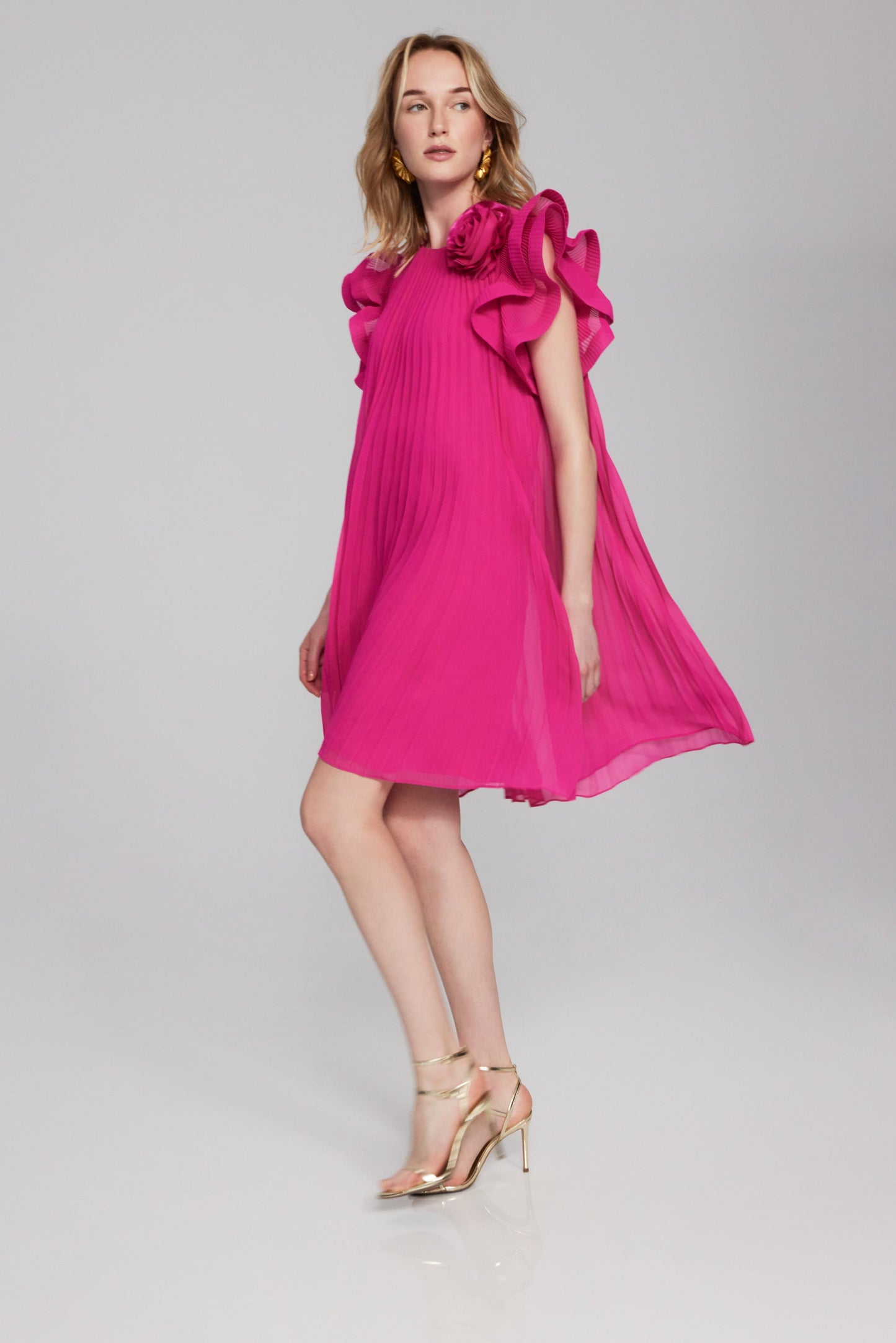 Chiffon Pleated Dress with Organza Flower Detail