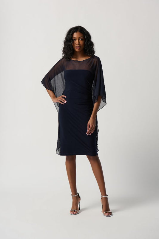 Silky Knit Sheath Dress With Cascading Mesh Sleeves