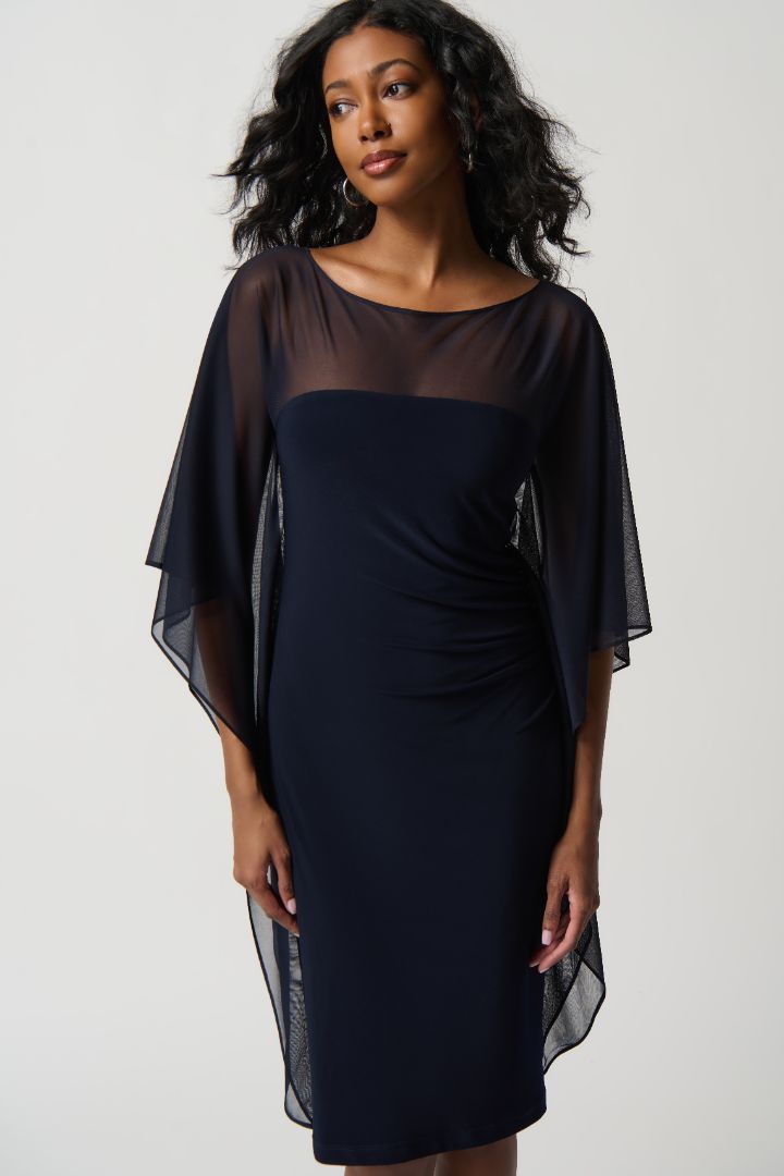 Silky Knit Sheath Dress With Cascading Mesh Sleeves